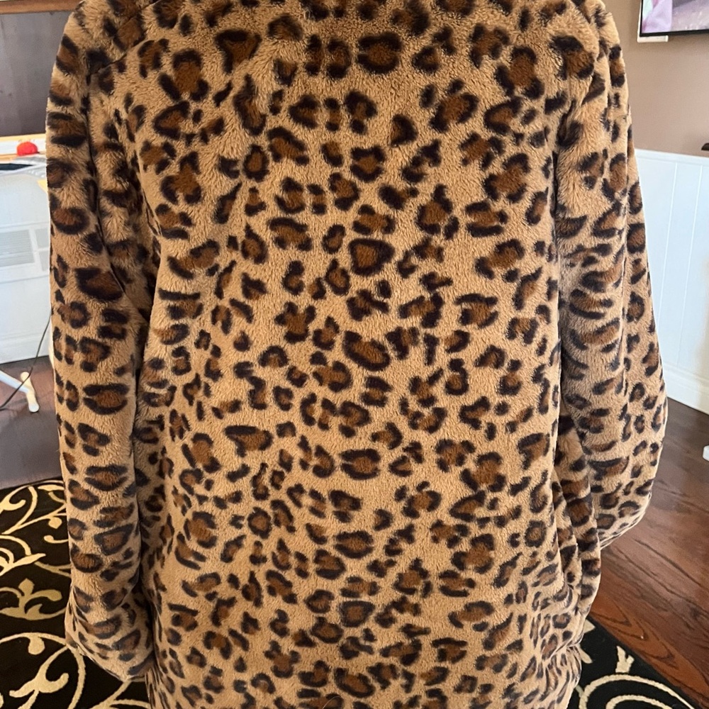 Leopard Print Teddy Coat - Brown Faux Fur Jacket - Picture 3 of 5